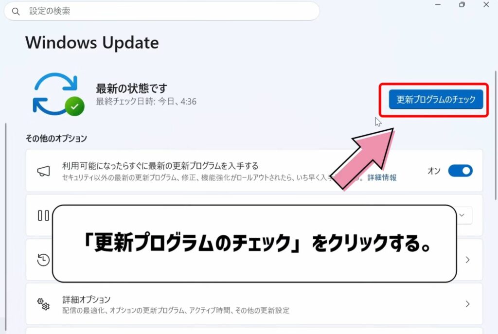 更新プログラムのチェックをクリックする