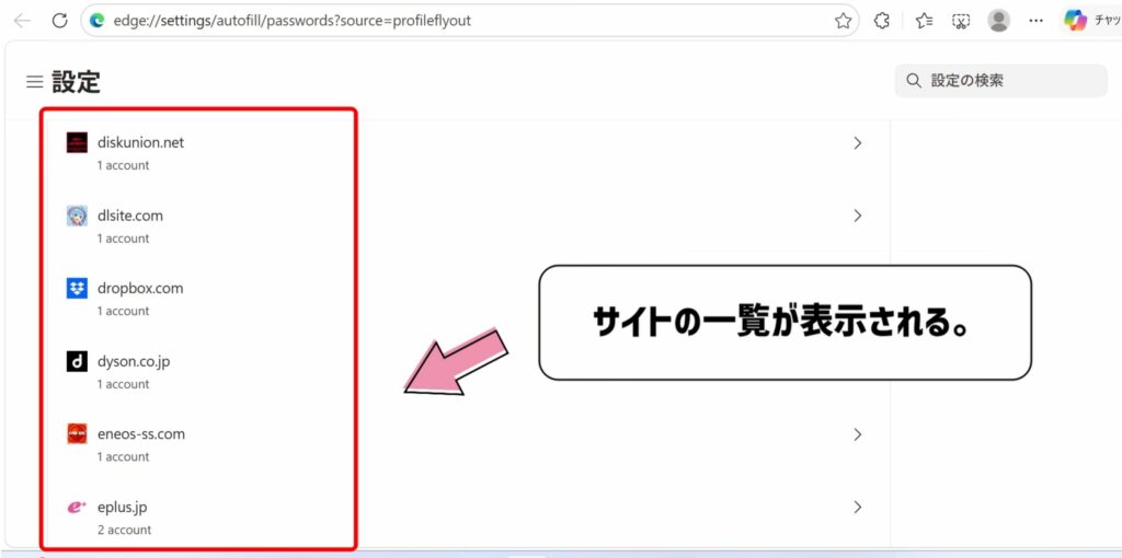 サイトの一覧が表示される